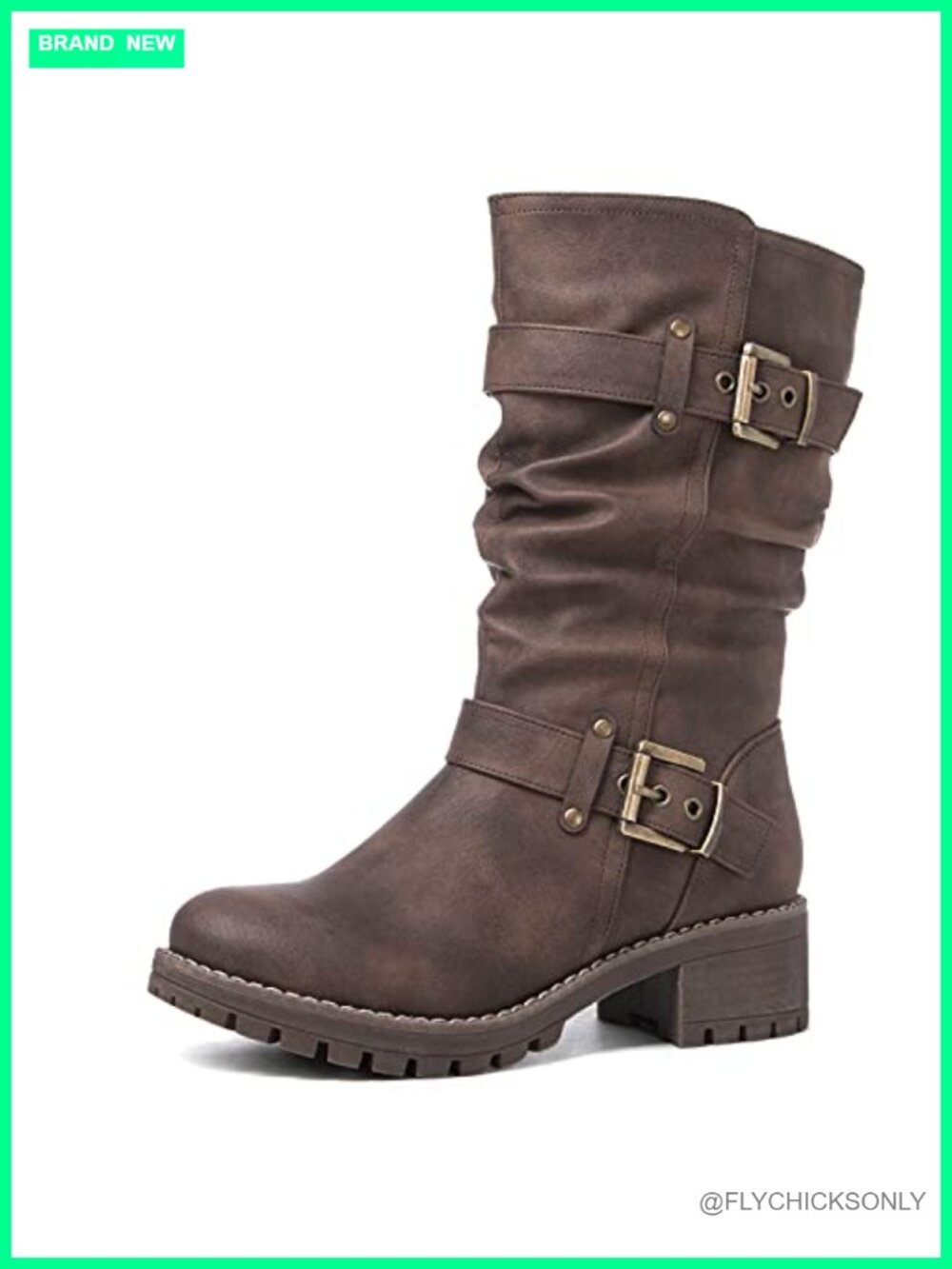 Faux Leather Mid Calf Combat Boots Womens Low Heel Moto Biker